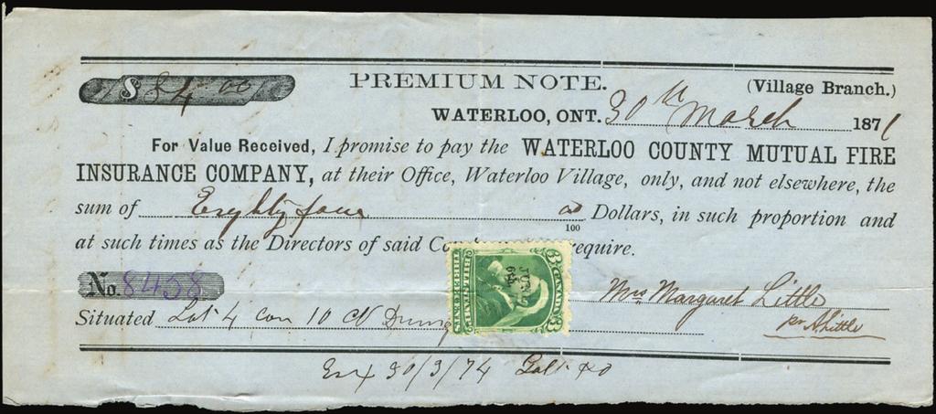 1871 Waterloo, Ontario. FB40-3c bill stamp on very unusual $84 insurance premium note.