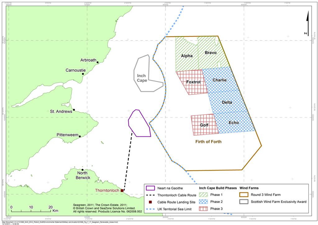 Figure 18.15: Location of Neart na Gaoithe and other proposed Firth of Forth wind farms 97 The only significant cumulative impact of the projects shown in Figure 18.15 is on the RAF Leuchars PSR.