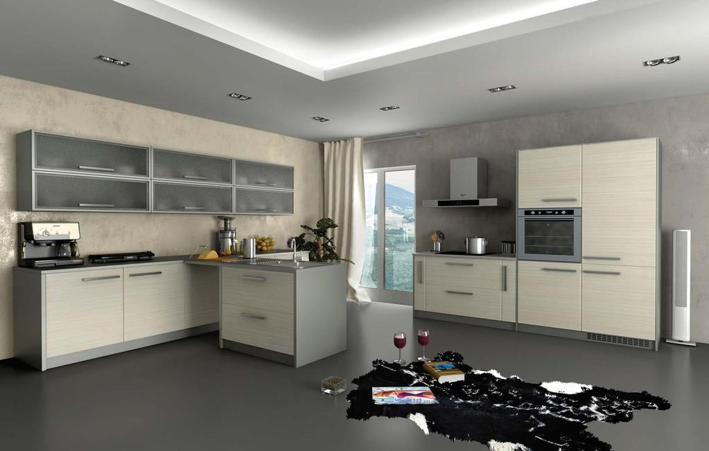 The kitchen in lilac color, with its sparkling white furniture and stainless steel