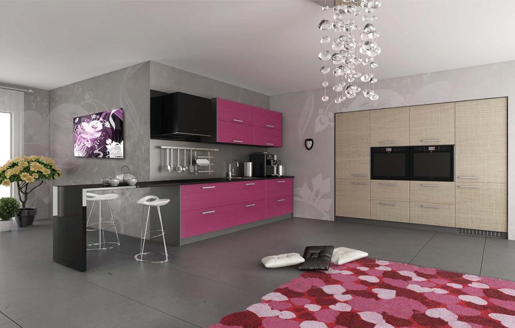 24 25 You can bring life and atmosphere in a classical kitchen with simple lines and bright surfaces by adding a color detail, such as sparkling pink for the cabinets.