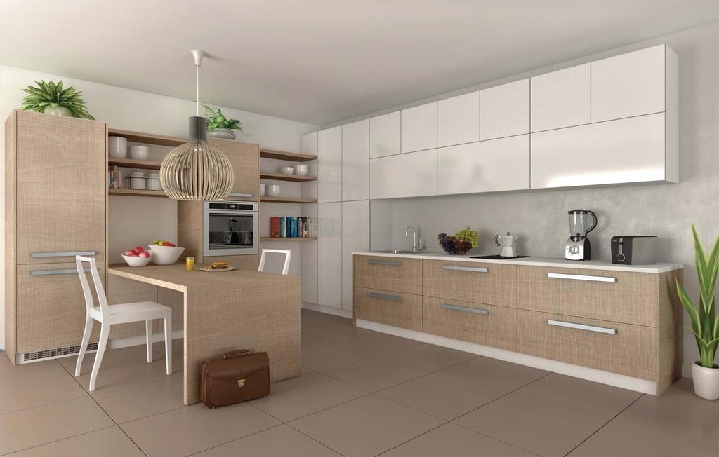 4 5 The pastel beige color of the kitchen furnishes and the beautiful wood patterns