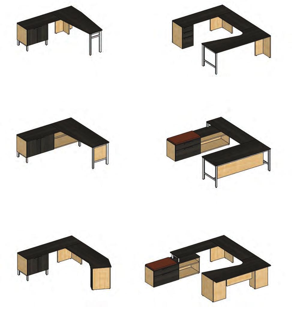 Create Platform Surface Mounting Options Worksurface and Top mounting examples: Credenza top (A) supported by 28"h credenza (B) and mended to Tapered worksurface (C).