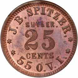 H. B. (Potomac Home Brigade) 15 Cents In Goods. Very rare state and sutler, a Raw VF+ realized $3,400 in our July 2014 sale. From the Tampa collection.