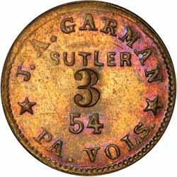Civil War Sutler Tokens 185 189 190 185 - PA-54-3B R5 PCGS MS64 20% Bright. J. A. Garman Sutler 54th Pennsylvania Volunteers 3 Cents. This is the smallest denomination for this prolific issuer.