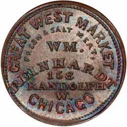 One of the rarest Chicago merchants. A Raw FINE+ realized $211.20 in our March 1997 auction. From the Dave Bowers collection. Reverse Die: 1368. Data: 0, 56 grains, 19.6 mm.