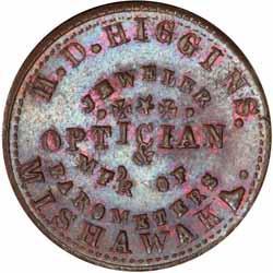 Faller & Son Watchmakers and Jewelers, LaPorte Indiana. Very rare and previously unlisted obverse die, the finest of just three we have seen offered.