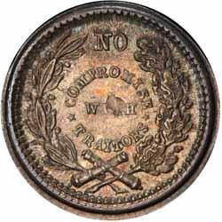 From the Dave Bowers collection. Data: 180, 61.1 grains, 18.8 mm. (400-500) 48-110/442 a R1 PCGS MS65 BN Trace Red with very nice luster. 1863 George Washington New York.