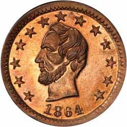 (2000-3000) 67-125/248 a R6 PCGS MS64 BN Trace Red, very well struck for this die combination. Abm. Lincoln President 1864 OK. Popular token, a Raw EF+ brought $212.12 in our December 2016 auction.