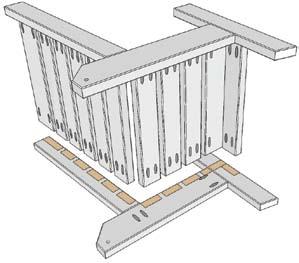 Starting with the wide slats (), align the slats with the second assembly rail and upright and pocket screw the slats in place.