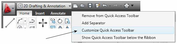 AutoCAD Tutor 2011 Support Docs CHAPTER 1 CUSTOMIZING THE QUICK ACCESS TOOLBAR One of the advantages of the Quick Access Toolbar is the ability to display the AutoCAD commands that you frequently use.