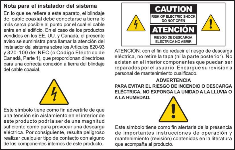 INSTRUCȚIUNI IMPORTANTE PENTRU SIGURANȚĂ Aviso a los instaladores de sistemas CATV Las instrucciones de reparación contenidas en el presente aviso son para uso exclusivo por parte de personal de