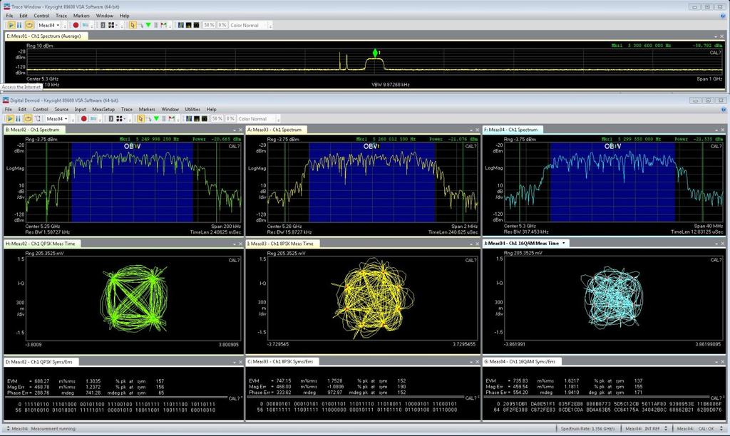 08 Keysight Satellite Signal Monitoring Reference Solution - Solution Brochure 89600 VSA software multi-measurement mode performing wideband spectrum measurement and demodulating 3 signals at once.