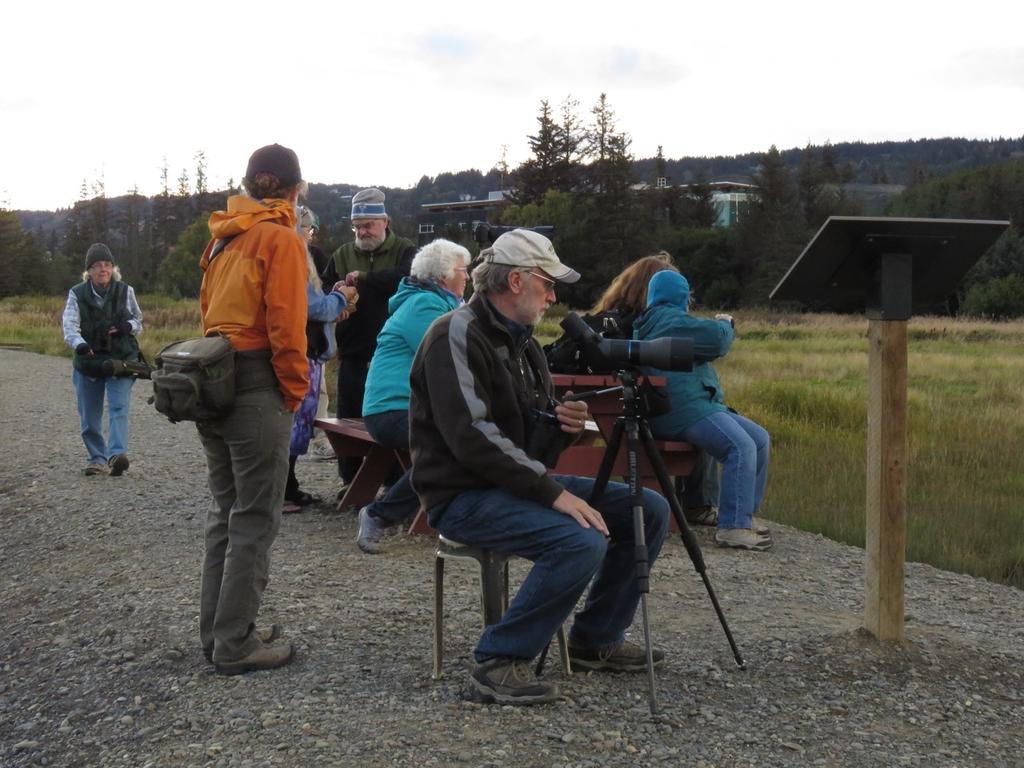 Local craniacs gather at the Beluga Slough picnic table to watch the
