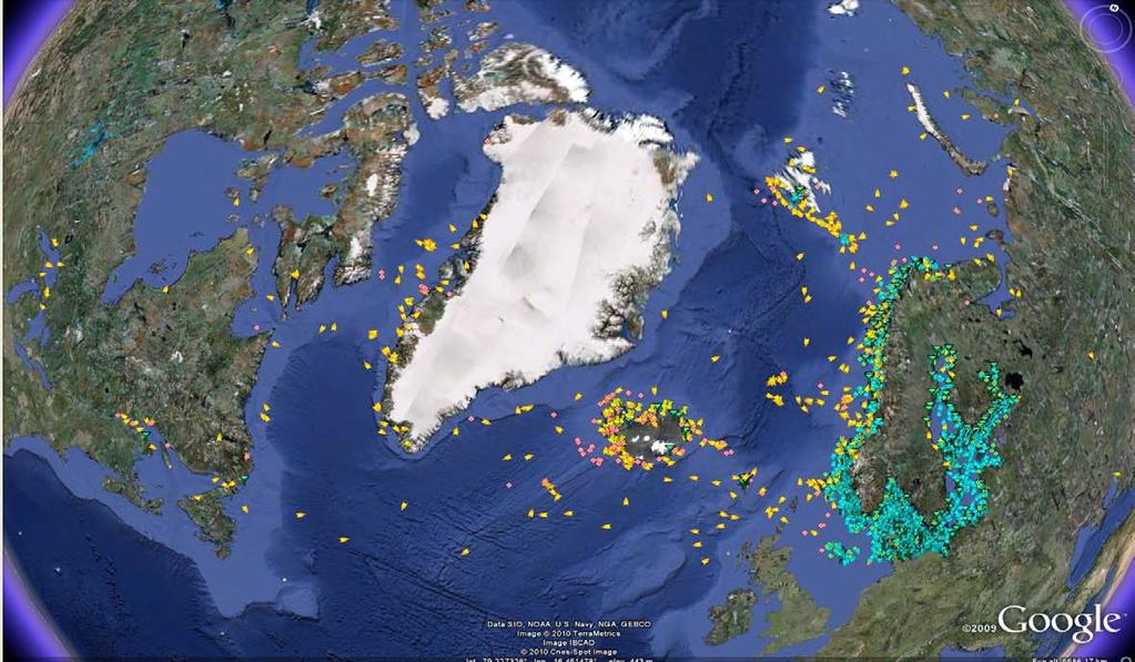 AIS Vessels in an Arctic Region as of 12 July, 2010 AIS data from AISSat-1 (Orange/Pink) added to AIS