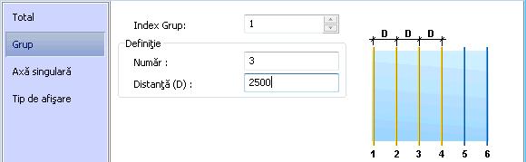 În acest exemplu, modificaţi numărul de axe: 1. Clic pe pagina Grup. 2. În câmpul Număr (numărul axelor) introduceţi valoarea 3. Remarcaţi faptul că distanţa dintre axe este calculată automat.