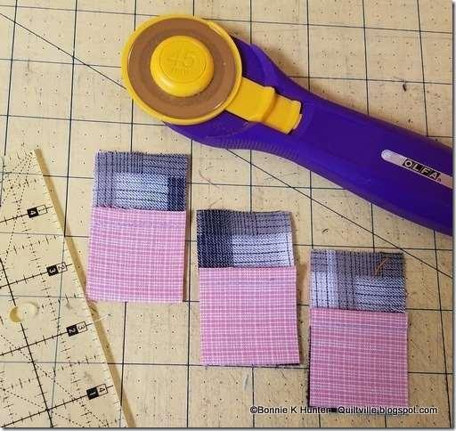 Cut the strip set into two 5 lengths, and place them right sides together with seams opposing and nested