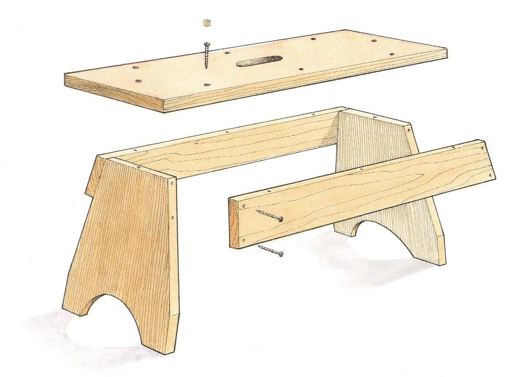 WIDE-TOPPED SHORT HORSE SERVES TWO PURPOSES Essentially, this horse is a stool, but it can be used as a short bench for sawing, holding tall work in a vise and holding case work off the floor for