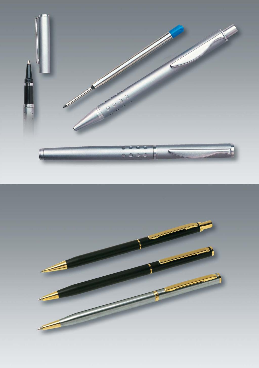 Metal pens 255/KS metal ballpoint pen, satin chromed, perforated design, IGM-refill, blue ink recommendation for a box: G22 255/RO metal roller pen, satin chromed, roller refill, blue ink