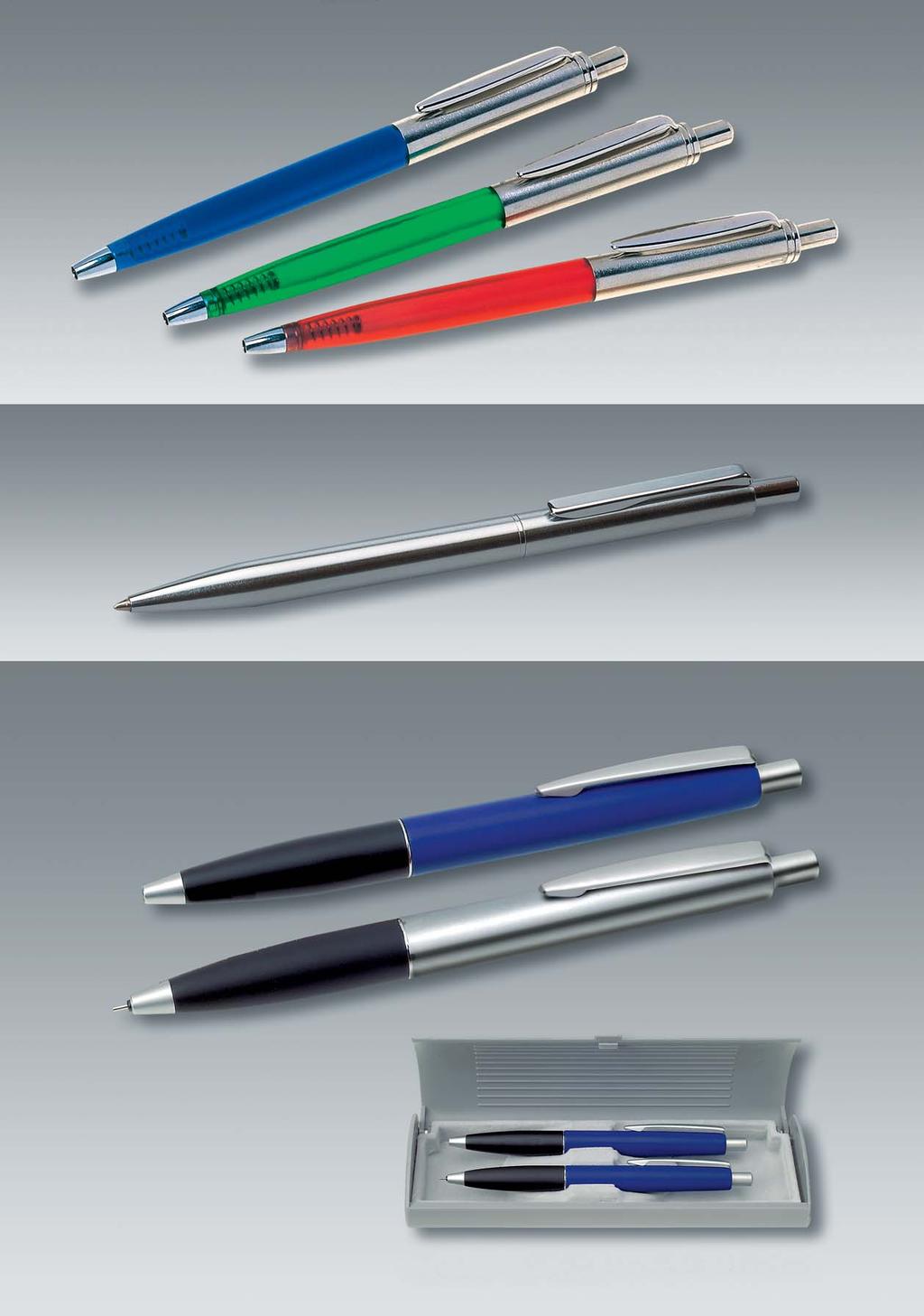 advertising: f on upper part d on front part Article 303: half metal ball pen, upper part metal, front part in frosted colors green, blue, red Int.