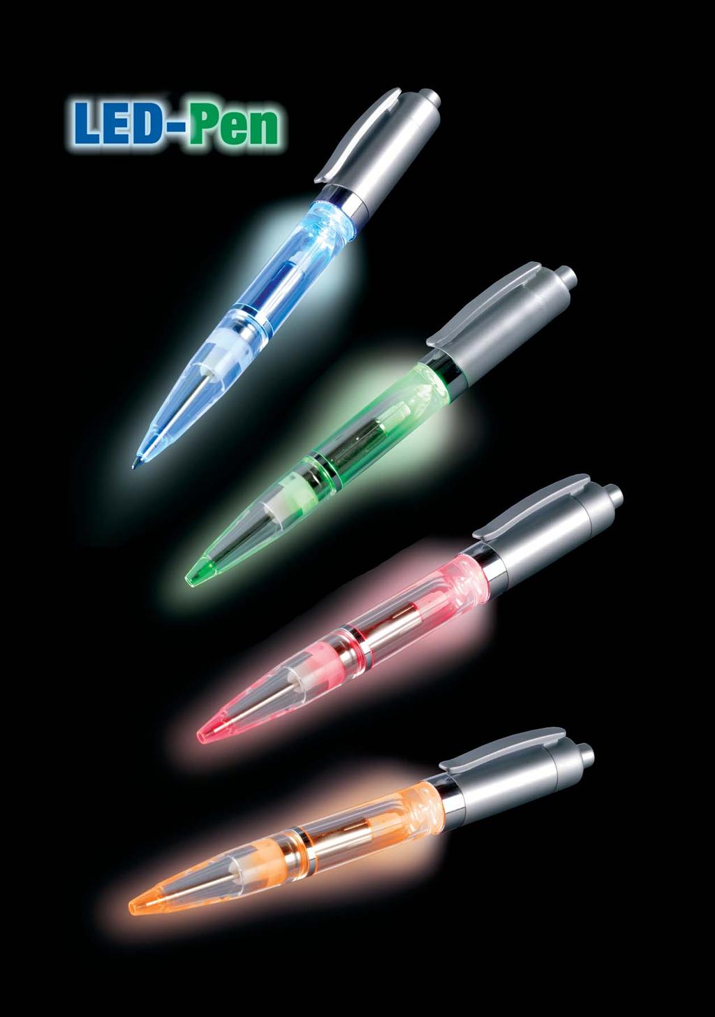 LED-Pen: twist ball pen with light-efect in blue, green or red, blue ink.