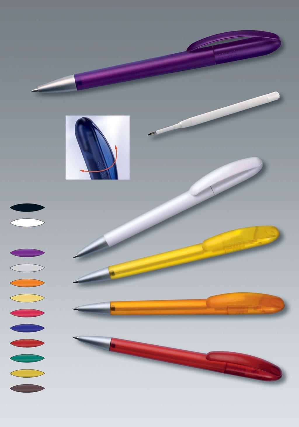 Article 106: twist ball pen, BOOGIE with int. plastic parker system refill, blue ink. advertising: c, d and g Solid 201 black 256 crystal white Frozen S1280 trsp. violet S1285 trsp.