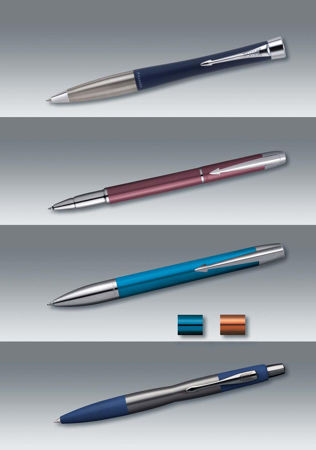 Parker Urban: ball pen with blue ink. colors: black/silver, black/gold, silver/chrome, navy blue/chrome, navy blue/gold, khaki/chrome khaki/gold, stainless steel, silver, blue and pink New incl.
