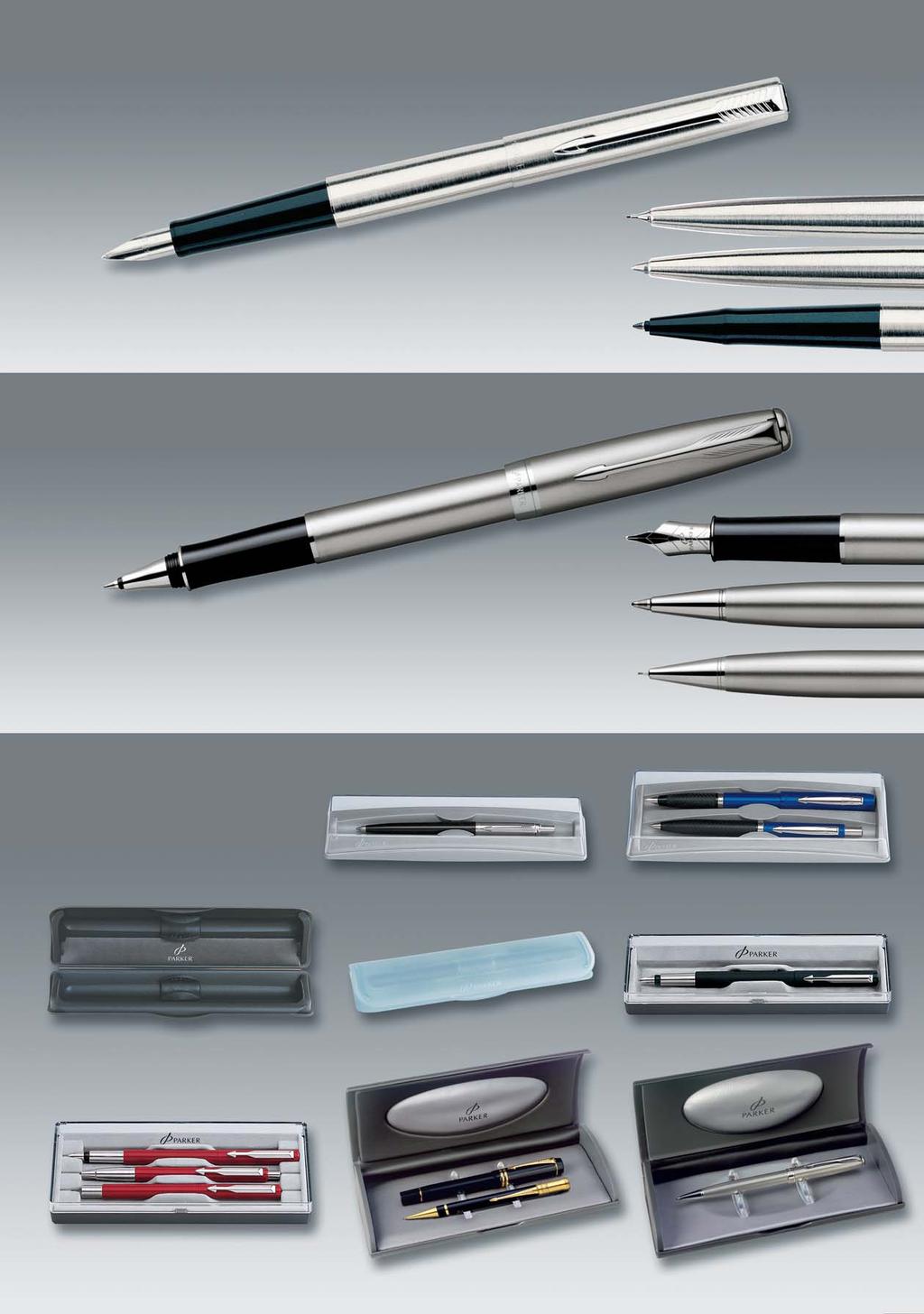 Parker Jotter stainless steel: available as ball pen, pencil, rollerball and fountain pen incl. box EL 1 F61 B61 K61 T61 Parker Sonnet stainless steel C.