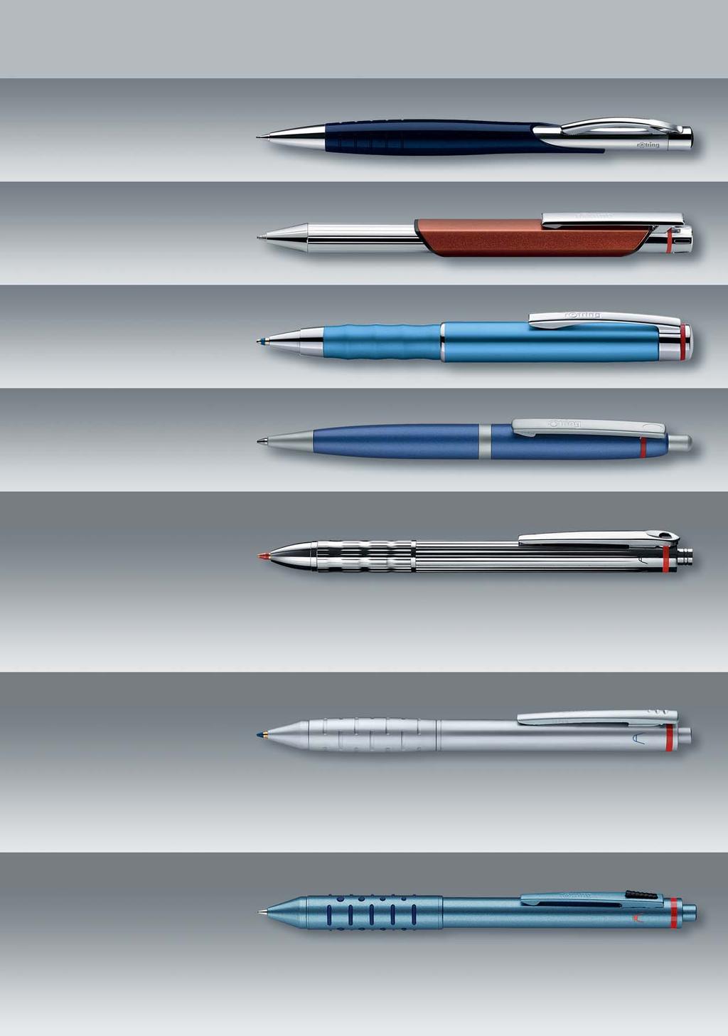INITIAL fountain pen, rollerball, ball pen and pencil colors: blue, silver and black incl. box no. 10 NEWTON fountain pen, ball pen, pencil and trio-pen colors: silver, black and copper incl.