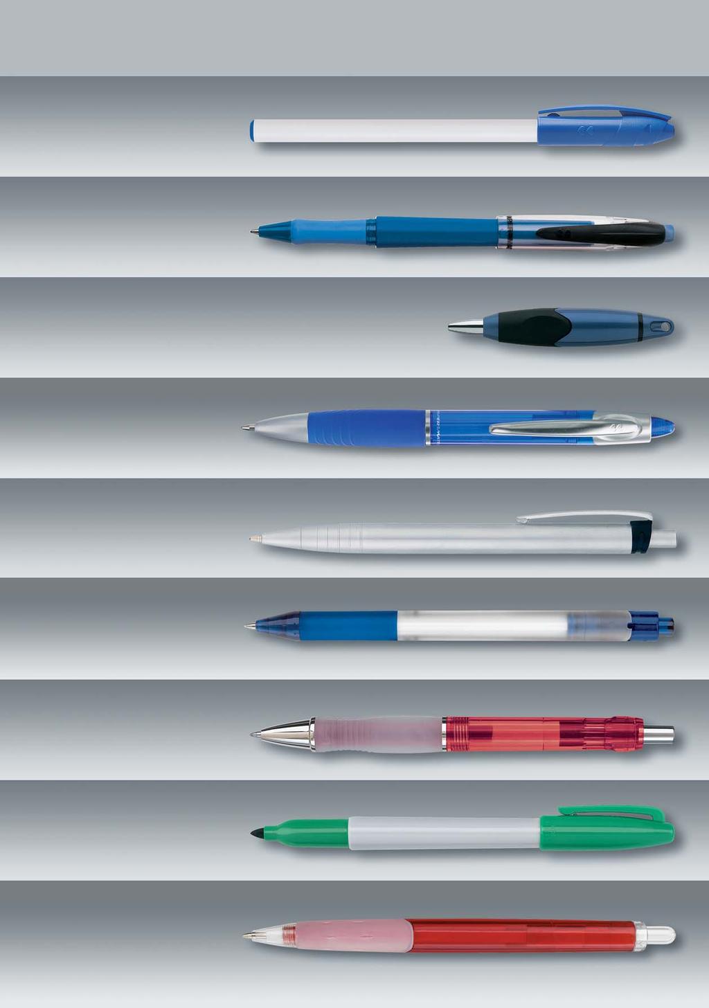 STICK 2020 ball pen with cap in green, red, blue or black black ink. ERASER.MAX ball pen in blue, blue ink. or black, black ink. MINI telescop-ball pen in red, blue and white black ink.