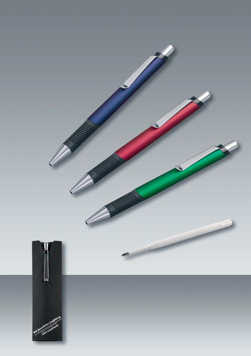 Article 270/KS: alu ball pen with body in blue, red or green, rubber grip in black, plastic
