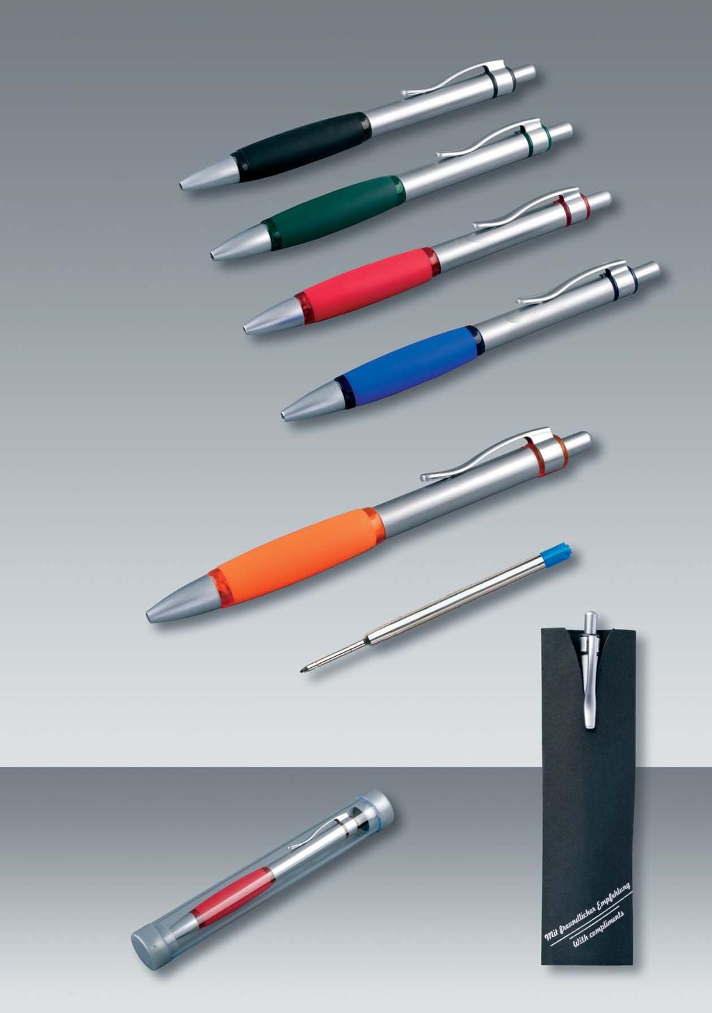 Metal pens Article 248: metal ball pen, colored grip in blue, black, red, green or orange, int. metal refill, blue ink.