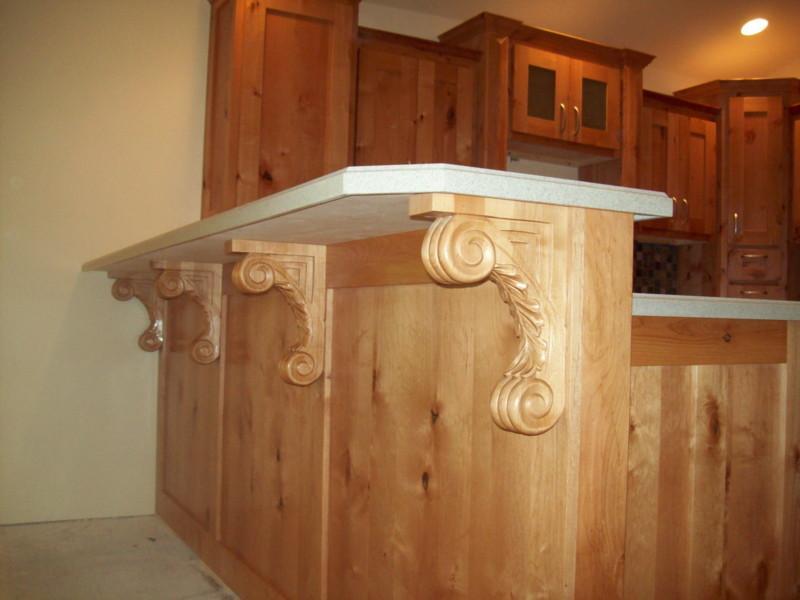 Knotty Alder Kitchen High-bar wall with matching corbels