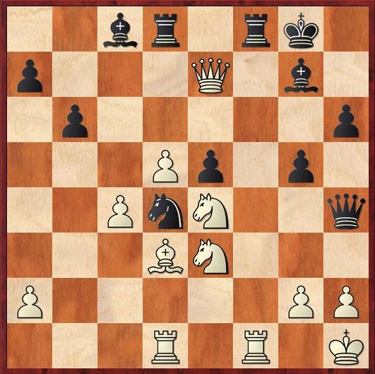 h3 cxd4 17.exd4 Nxd4 18.cxd4 Qxd4+ Winning for Black. 16...e5 17.d5 Ne7 18.c4 f5 19.Be2 g5 [See diagram below] The computer was favoring Black until this aggressive, but loosening move.