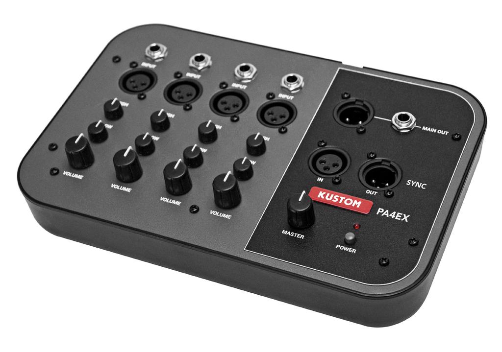 PA4EX Kustom PA4EX is a 4 Channel MIC/LINE mixer with a MONO output that gives you more channels with Volume, Bass and Treble EQ controls to make any system expand.