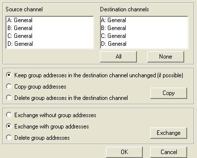 ABB i-bus KNX Commissioning 3.1.4 Copy/exchange channel dialog At the top left, you will see the source channel selection window for marking the source channel.