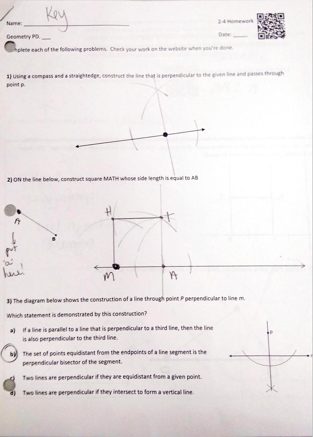 Name: Geometry PD. 2-4 Homework Date. plete each of the following problems.