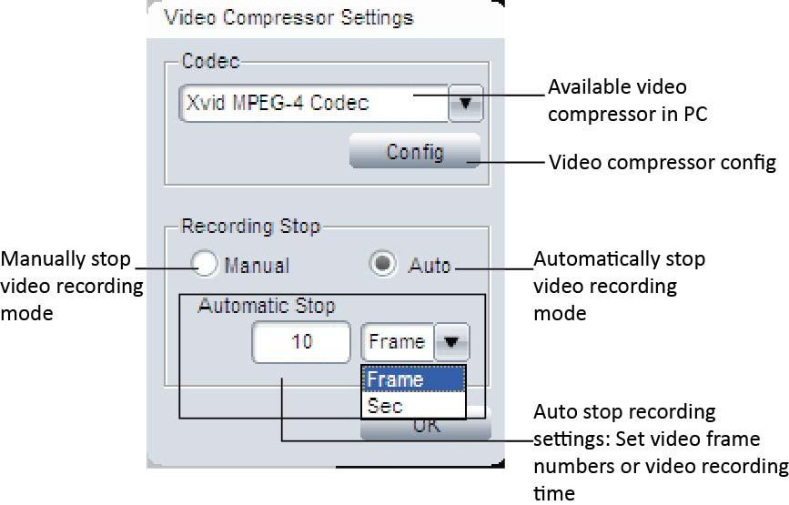 Video recording Click [Video] /, start/ stop video recording. Click [Rec Config] to get video recording configure window. It provides [Manual] and [Auto] modes to stop the recording.
