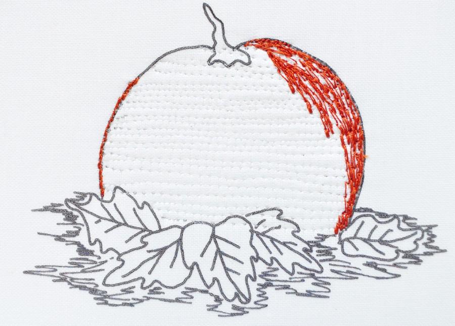 Before beginning, hand draw a pumpkin on a piece of muslin with a piece of stabilizer backing underneath and hoop up. 2. Practice rotating the hoop to make the curved lines.