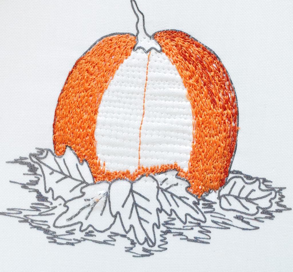 With the pumpkin facing you move the hoop right to left to underlay the pumpkin. Keep the horizontal lines about 1/8 apart. 4. 1st pumpkin color See Thread #2 and Figure 2.