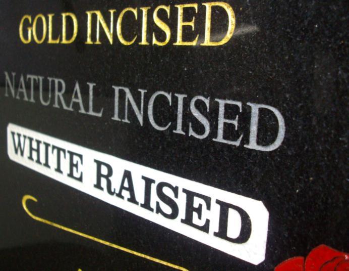 Inscription Colour Gold/Gilded- 24k Gold leaf is applied with two coats of gold size, the approximate lifespan of the gold is 10-15 years for upright memorials White