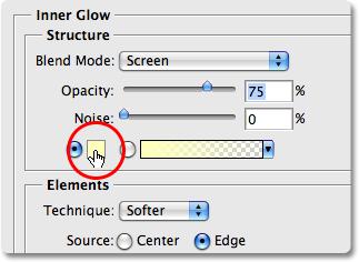 Once you ve selected Inner Glow, the middle column of the Layer Style dialog box will change to the Inner Glow options.