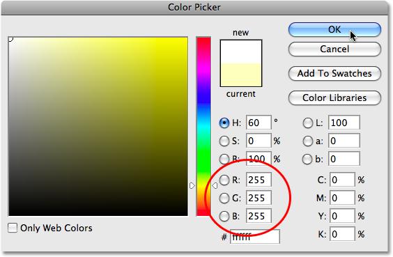 Noise : Click on the color swatch to change the color of the inner glow. This brings up Photoshop s Color Picker once again. Choose white for the inner glow color.