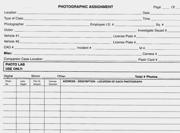 Records Photographic log Can assist those who review the photos to understand what your intent was, or for those that must use the photo evidence for reconstruction such as fire scenes, accident