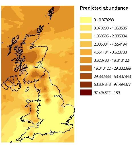 Figure 7 Maps of predicted abundance for two example bird species, Wren and Meadow
