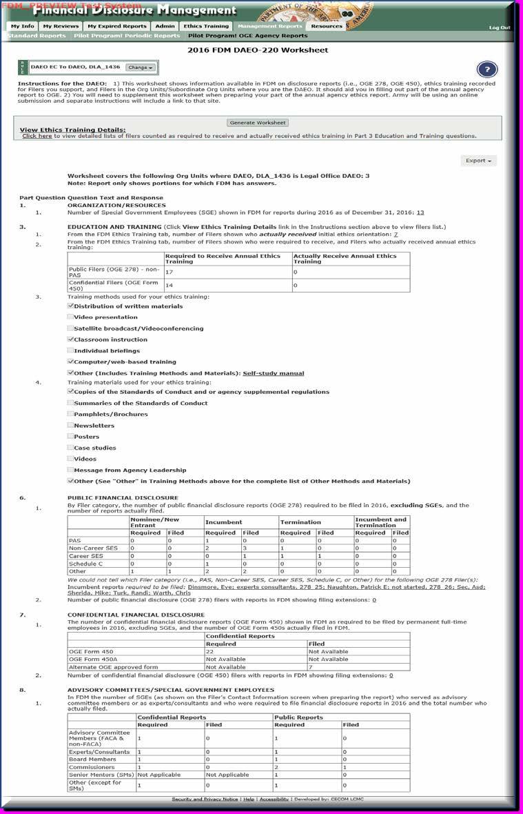 2016 FDM DAEO-220 Worksheet This worksheet shows information available in FDM regarding disclosure reports (i.e., OGE 278, OGE 450), ethics training recorded for Filers you support, and Filers in the Org Units/Subordinate Org Units where you are the DAEO.