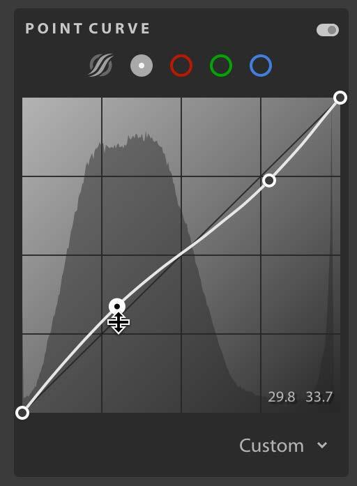 To edit the Tone Curve in parametric mode, you just click in the desired quadrant region and drag up to lighten and drag down to darken.