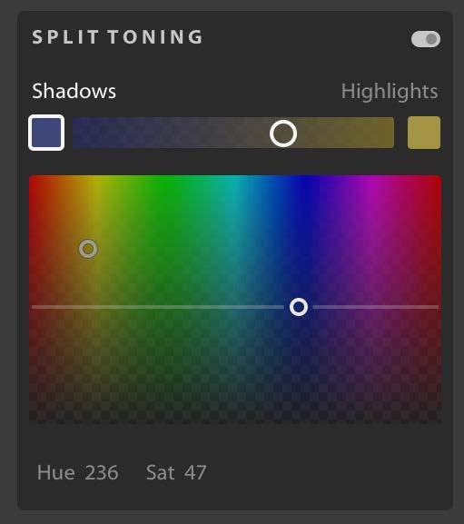 The Split Toning controls can be accessed via the Effects panel by clicking on the button highlighted in blue in Figure 7. This opens the Split Toning panel shown in Figure 8.