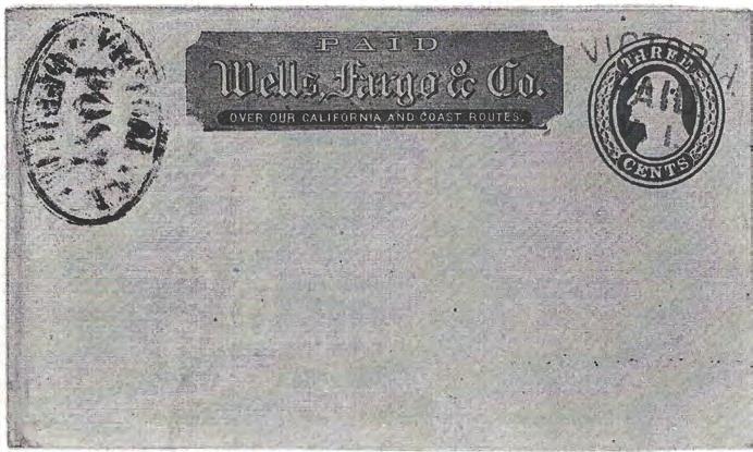Figure 2. Wells Fargo Victoria, circa 1860. Victoria 5 may have begun use as early as 1861 and was used for a considerable period both as frank and as a cancel on adhesive stamps.