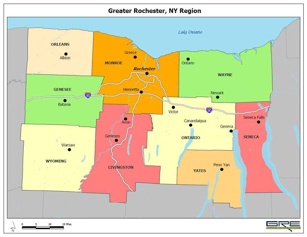 Finger Lakes Region Population: 1,219,672 Total Workforce: 602,000 Geographic Size: Comprised of 9 counties in Upstate New York: Genesee, Livingston, Monroe, Ontario, Orleans, Seneca, Wayne,