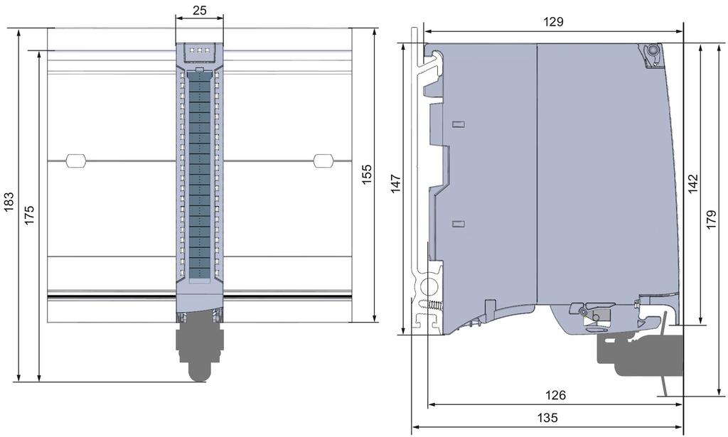 Dimension drawing A The dimension drawing of the module on the mounting rail, as well as a dimension drawing with open front panel are provided in the appendix.